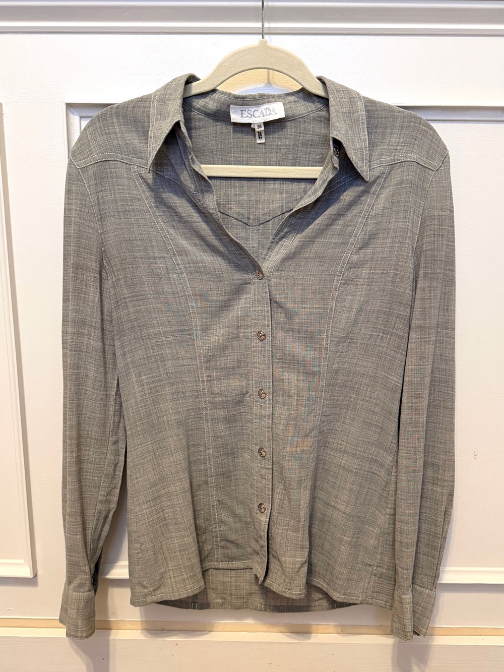 Escada Virgin Wool Blouse Womens Size 36 Gray Long Sleeve Button Up Shirt Collar